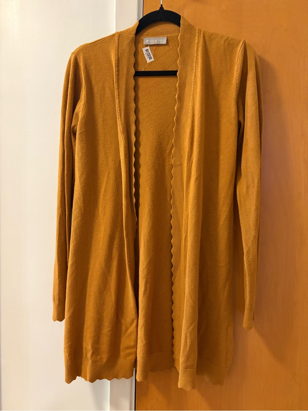 Scallop-Edge Open Front Mustard Cardigan Sweater by Evolution